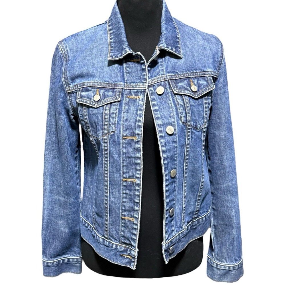 VTG J Crew Womens Cropped Denim Jacket S Indigo Blue Jean Trucker‎ 100% Cotton